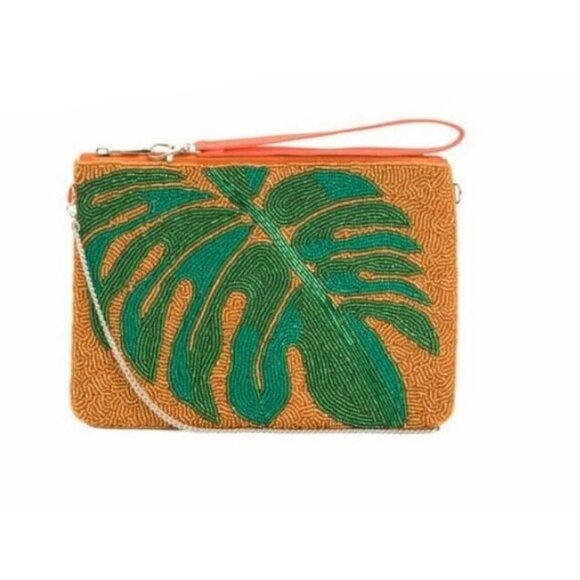NATASHA beaded palm tree clutch wristlet shoulder bag - Orange/Green - Picture 8 of 8